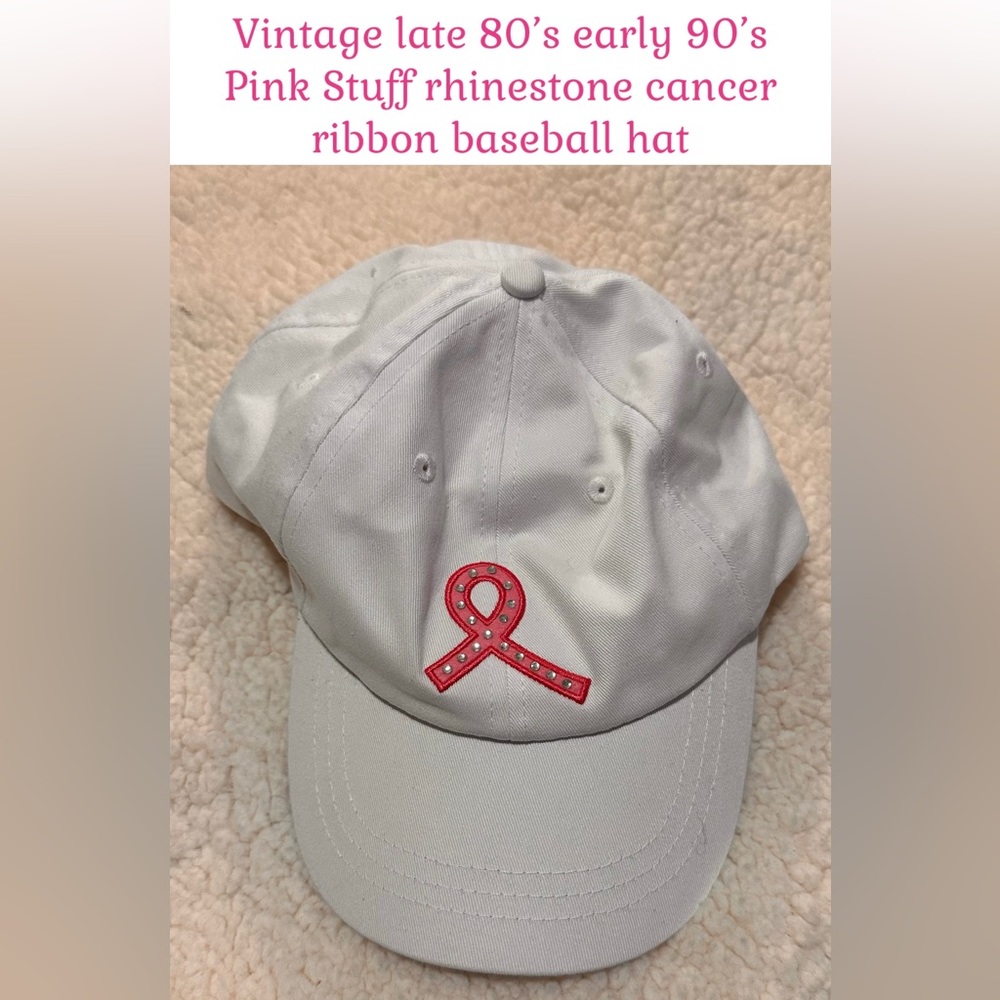 Vintage late 80’s early 90’s Pink Stuff rhinestone cancer ribbon baseball hat